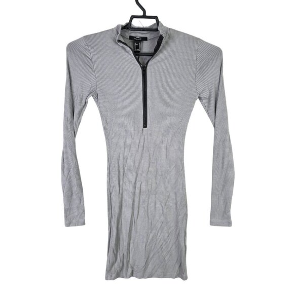 Womens Forever 21 Gray Ribbed Bodycon Mini Dress Long Sleeve 1/4 Zip Rayon S - Picture 1 of 7